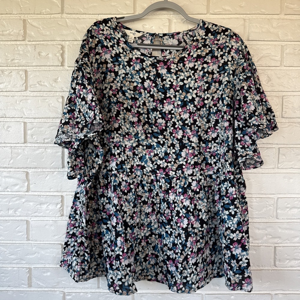 Terra & Sky Shirt 2X Floral Print Blouse with Ruffle Sleeves Baby Doll Key Hole